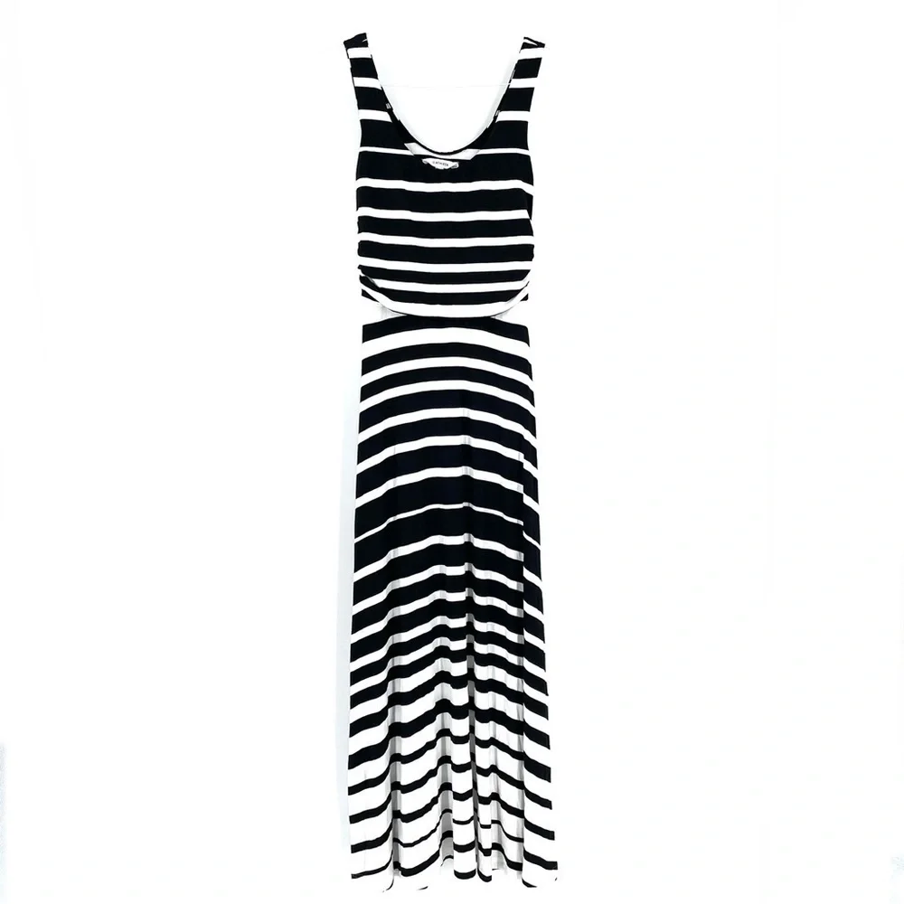 ATHLETA Black & White Striped Sleeveless Maxi Dress